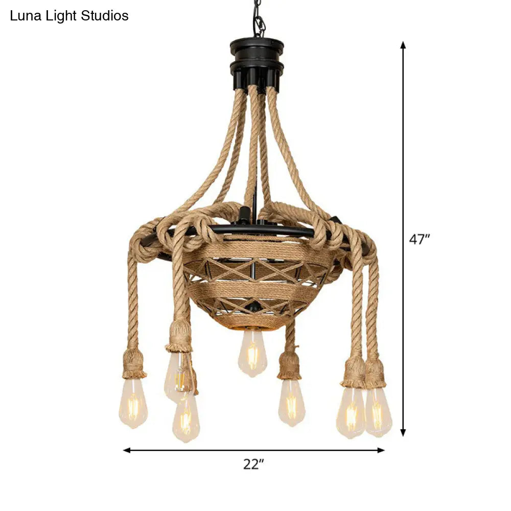 Country Style Rope Bowl Pendant Chandelier With Bare Bulb Design Brown - 6 Heads Hanging Light For