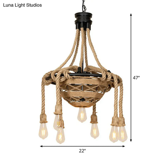 Country Style Rope Bowl Pendant Chandelier With Bare Bulb Design Brown - 6 Heads Hanging Light For