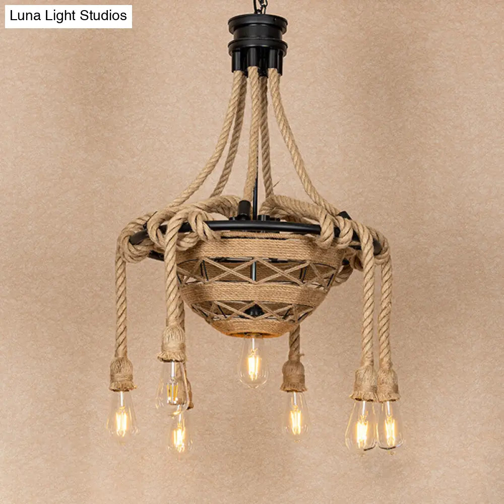 Rustic 6-Light Rope Bowl Pendant Chandelier For Dining Room - Country Style Hanging Light With Bare