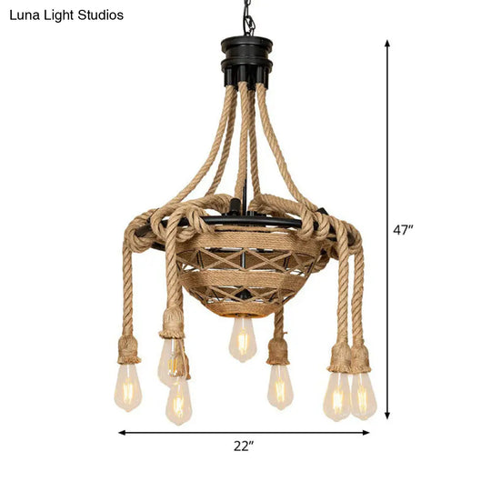 Rustic 6-Light Rope Bowl Pendant Chandelier For Dining Room - Country Style Hanging Light With Bare