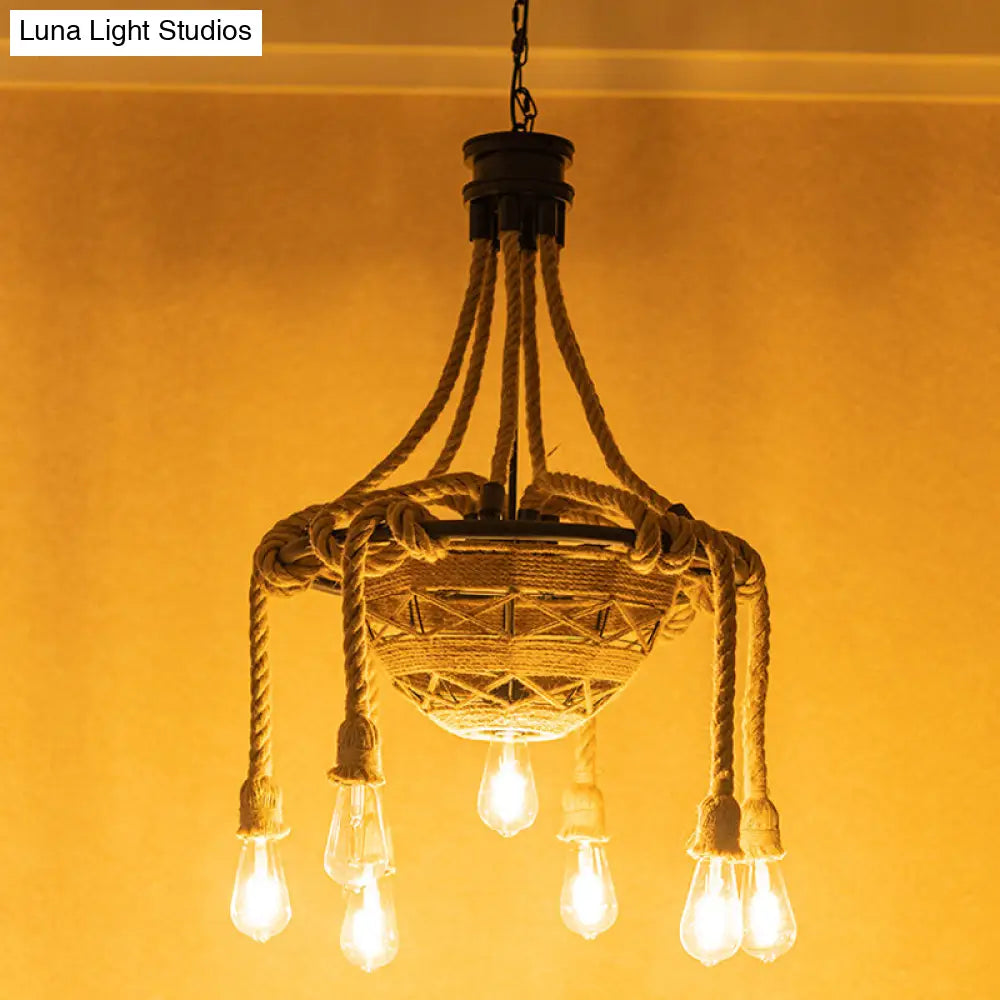 Country Style Rope Bowl Pendant Chandelier With Bare Bulb Design Brown - 6 Heads Hanging Light For
