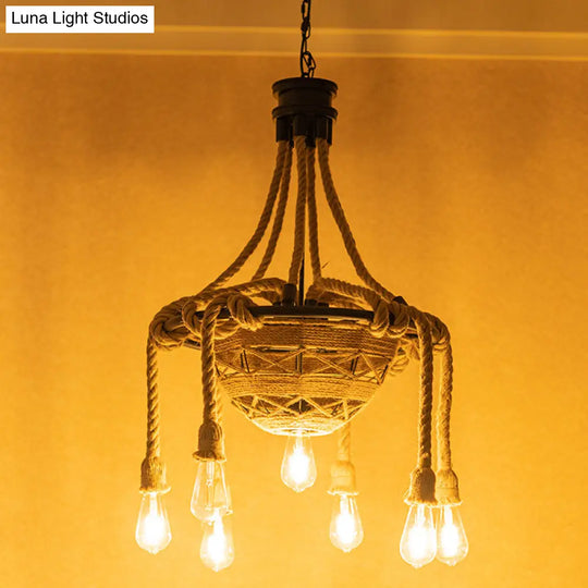 Country Style Rope Bowl Pendant Chandelier With Bare Bulb Design Brown - 6 Heads Hanging Light For