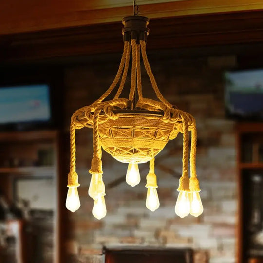 Country Style Rope Bowl Pendant Chandelier With Bare Bulb Design Brown - 6 Heads Hanging Light For