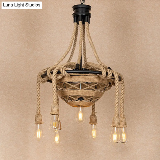 Country Style Rope Bowl Pendant Chandelier With Bare Bulb Design Brown - 6 Heads Hanging Light For