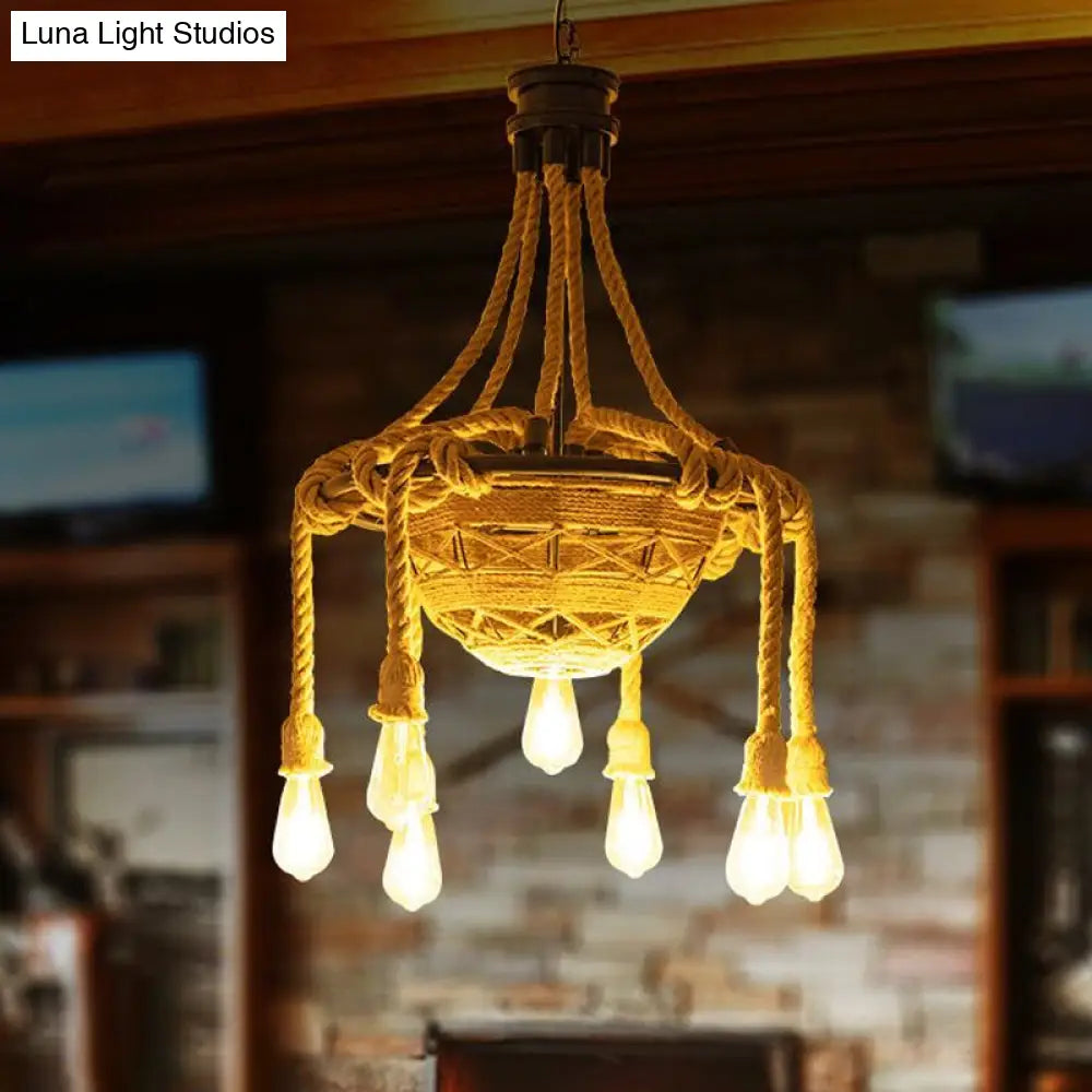 Rustic 6-Light Rope Bowl Pendant Chandelier For Dining Room - Country Style Hanging Light With Bare