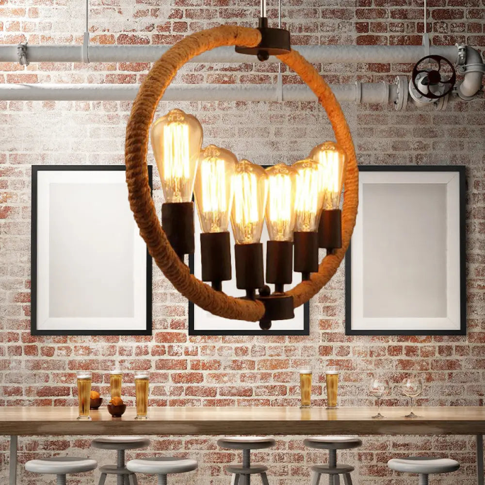 Country Style Roped Ring Chandelier Lamp - 6 Lights Beige Restaurant Hanging With Exposed Bulb