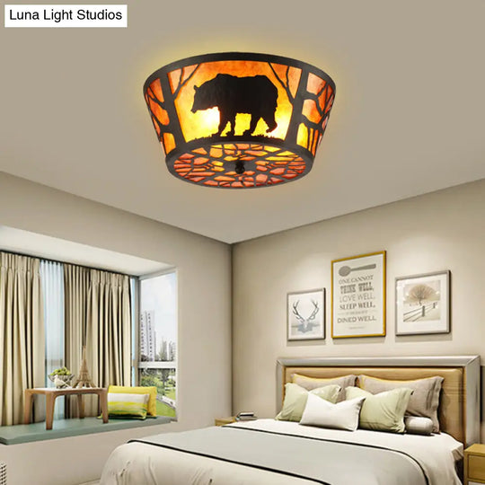 Country Style Round Marble Flushmount Ceiling Light With Bear/Horse Pattern And 3 Lights