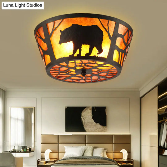 Country Style Round Marble Flushmount Ceiling Light With Bear/Horse Pattern And 3 Lights Brown /