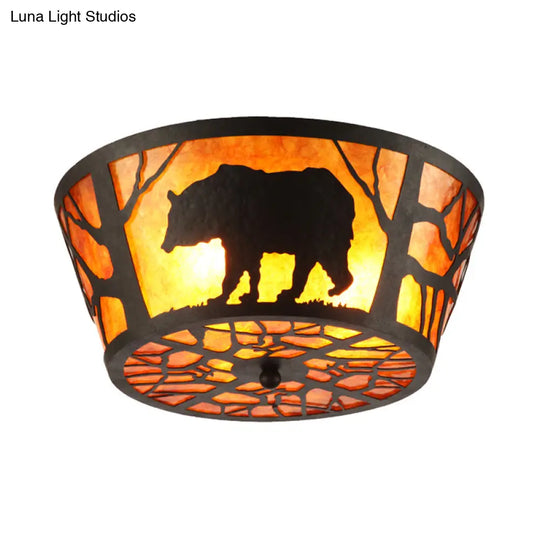 Country Style Round Marble Flushmount Ceiling Light With Bear/Horse Pattern And 3 Lights