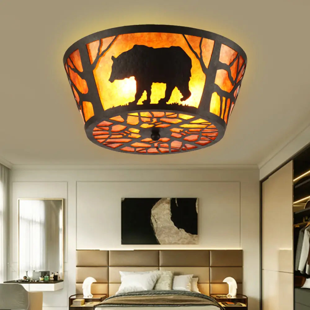 Country Style Round Marble Flushmount Ceiling Light With Bear/Horse Pattern And 3 Lights Brown /