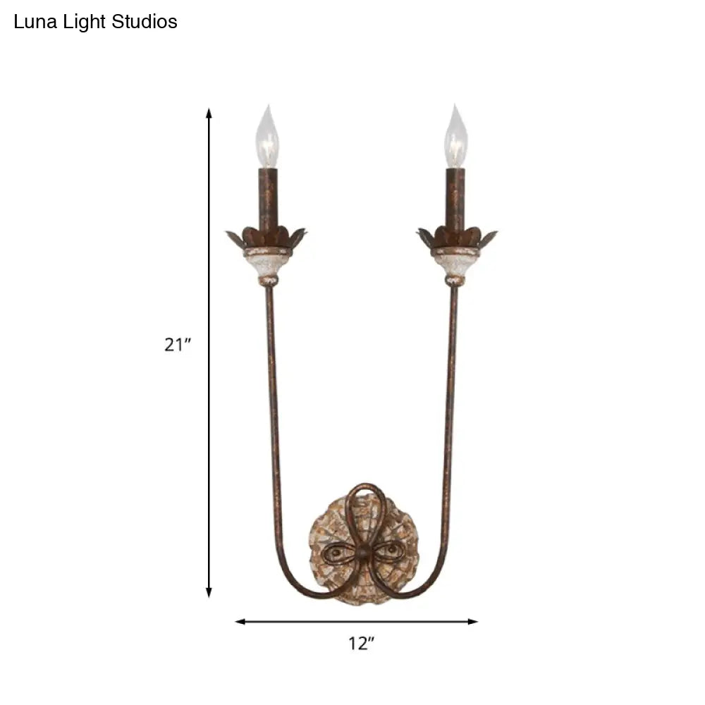 Country Style Rustic Metal 2-Light Wall Sconce For Dining Room With Flower Deco