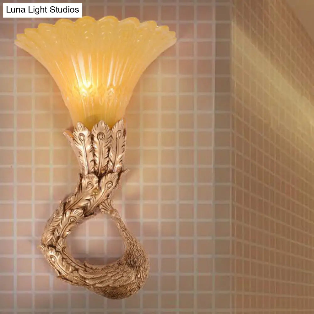 Country Style Scalloped Amber Glass Wall Lamp With Peacock Design