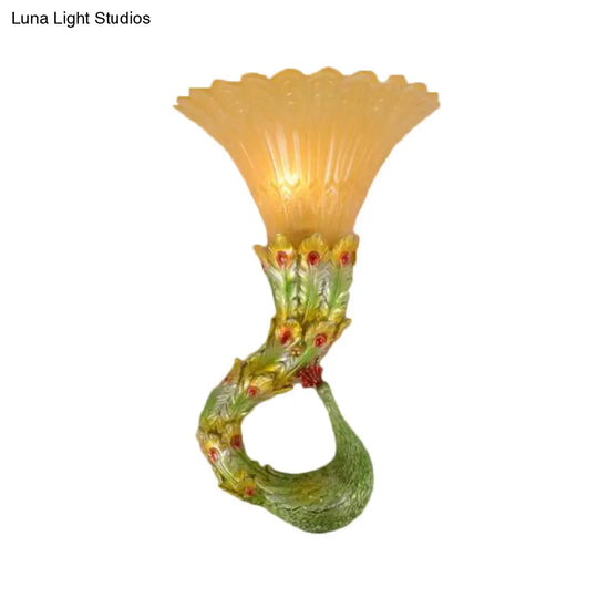 Country Style Scalloped Amber Glass Wall Lamp With Peacock Design