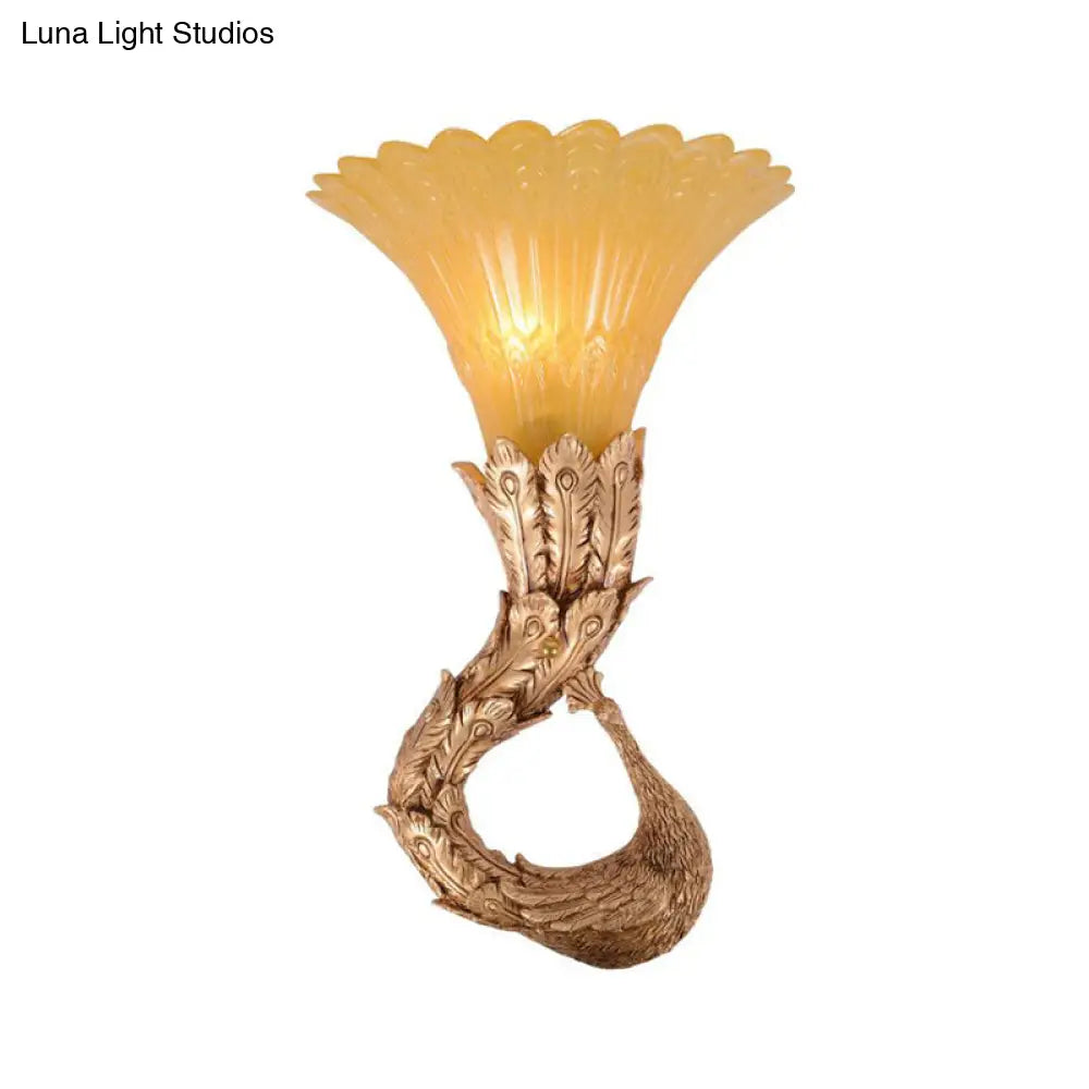 Country Style Scalloped Amber Glass Wall Lamp With Peacock Design