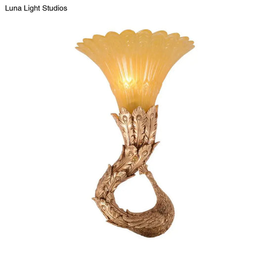 Country Style Scalloped Amber Glass Wall Lamp With Peacock Design