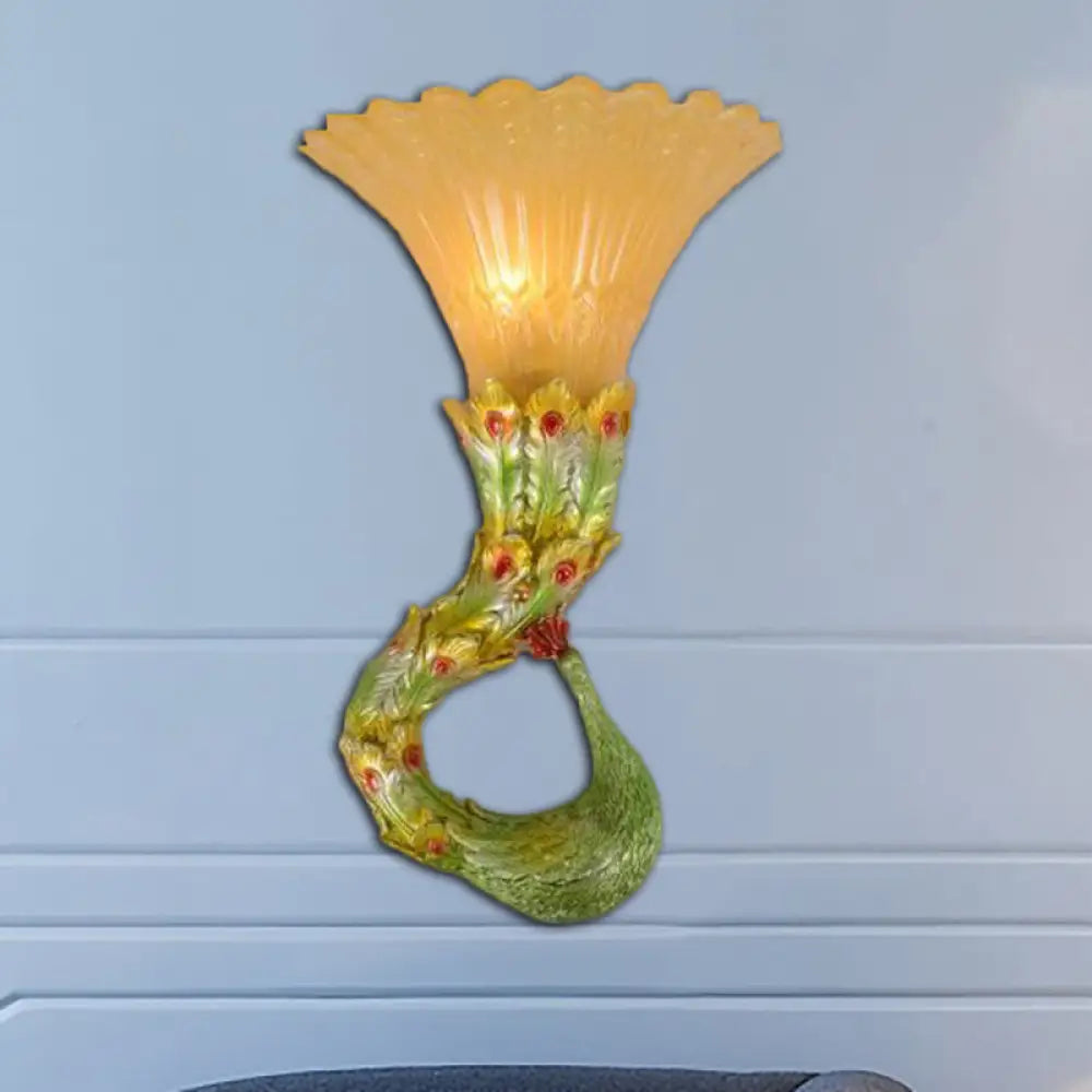 Country Style Scalloped Amber Glass Wall Lamp With Peacock Design Green