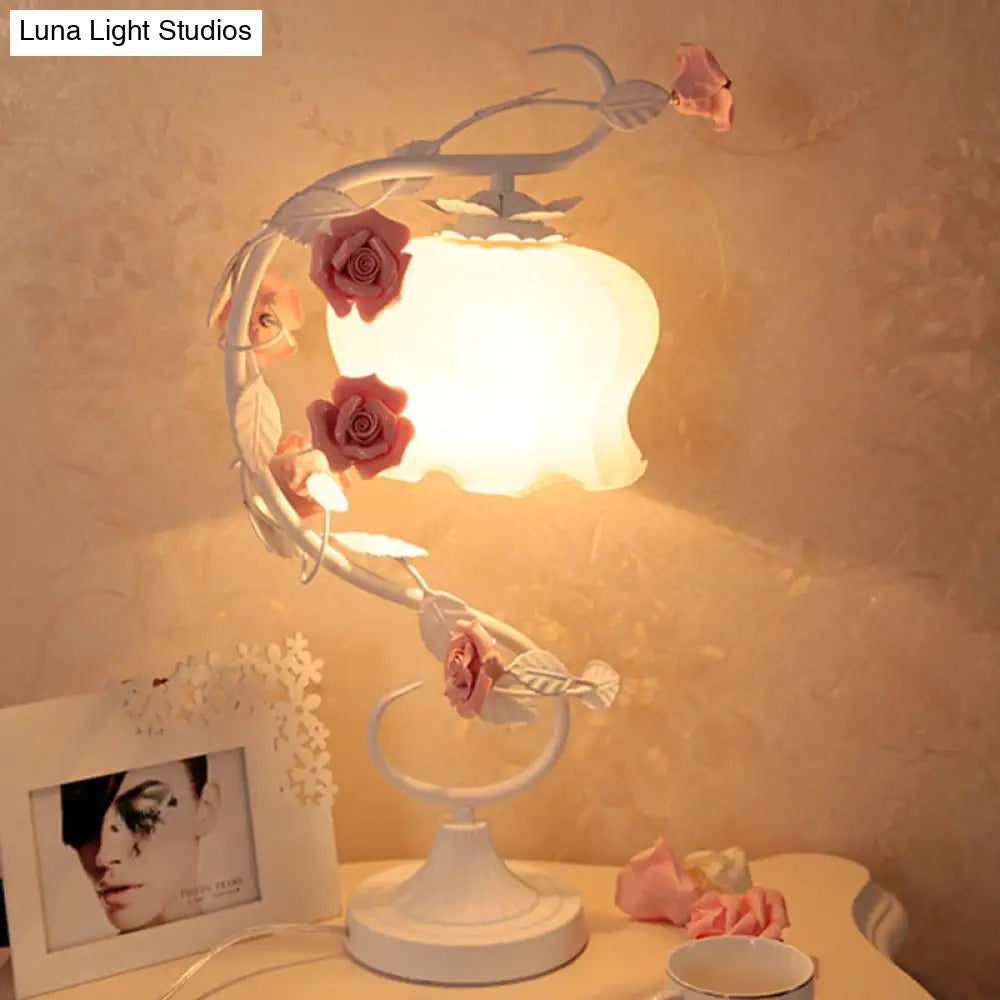 Country Style Scalloped White Glass Table Light With Led Nightstand Lamp