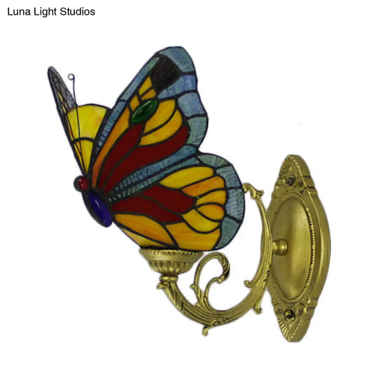 Country Style Stained Glass Butterfly Sconce Light - Red/Blue Wall Mount Lighting