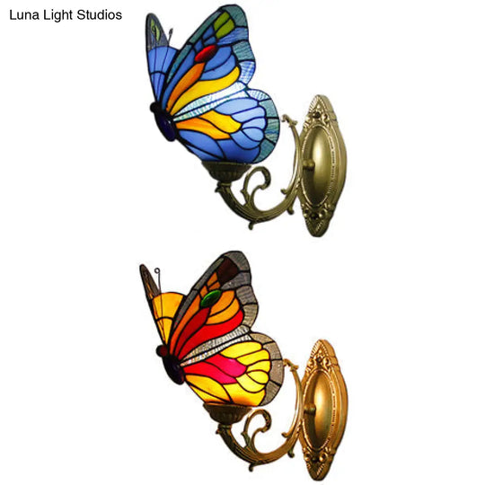 Country Style Stained Glass Butterfly Sconce Light - Red/Blue Wall Mount Lighting