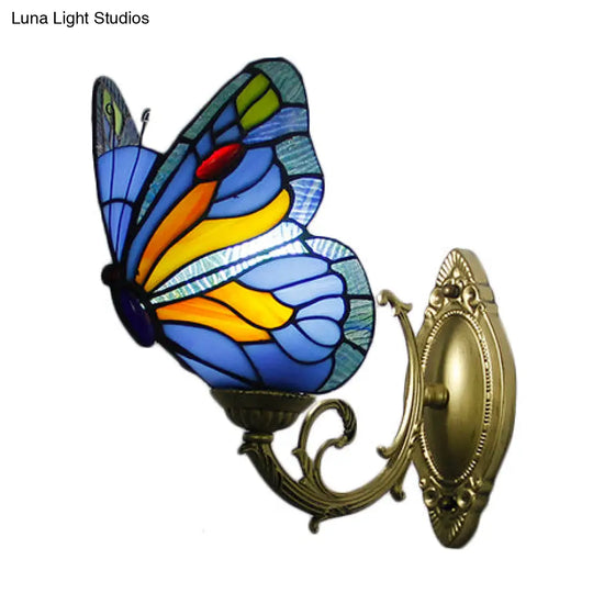 Country Style Stained Glass Butterfly Sconce Light - Red/Blue Wall Mount Lighting