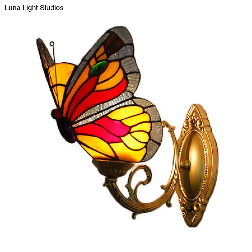 Country Style Stained Glass Butterfly Sconce Light - Red/Blue Wall Mount Lighting