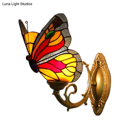 Country Style Stained Glass Butterfly Sconce Light - Red/Blue Wall Mount Lighting