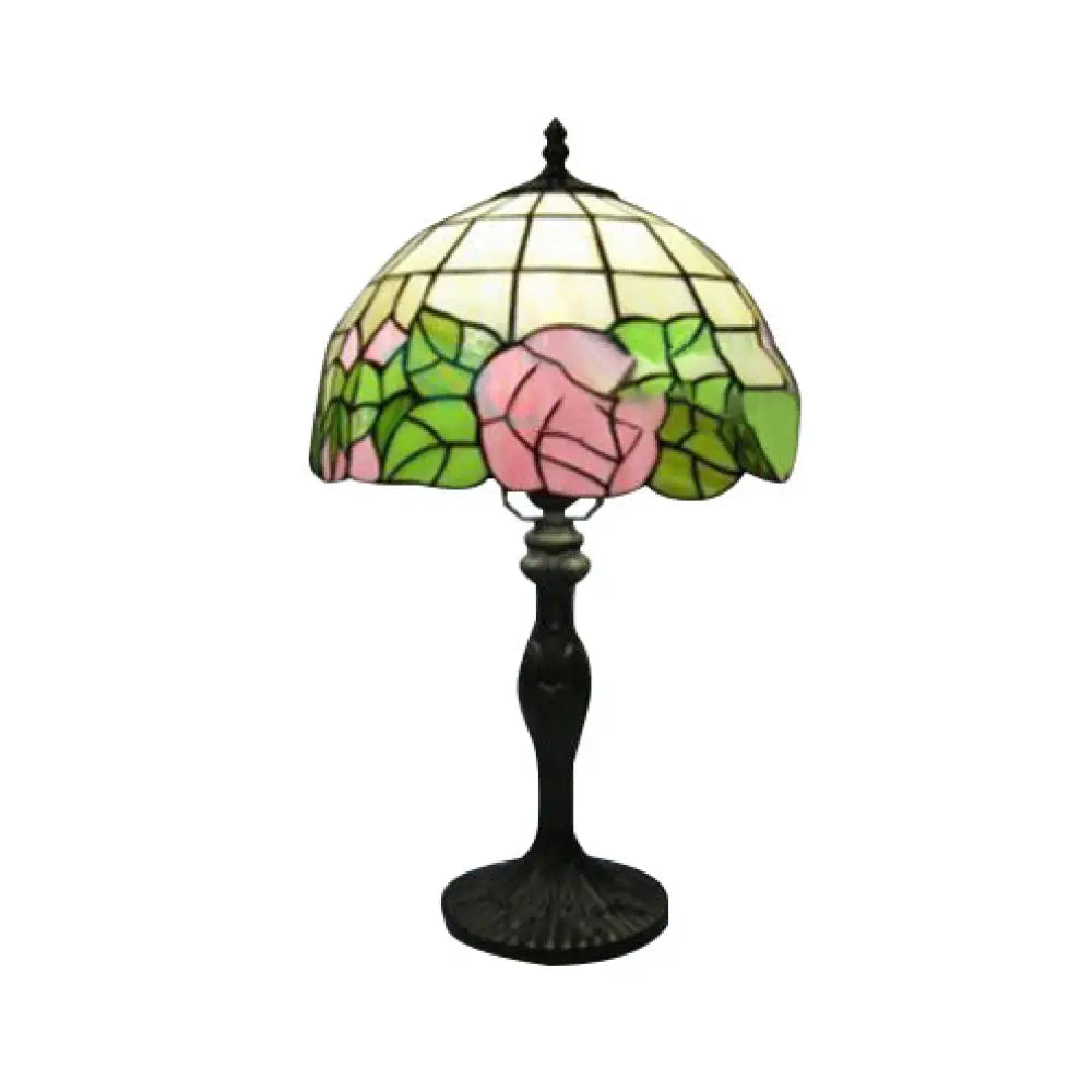 Country Style Stained Glass Dome Flower Table Light - Red/Green 1 Indoor Lighting Green