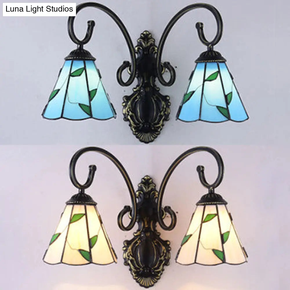 Country Style Stained Glass Leaf Wall Lamp With 2 Blue/Beige Lights For Dining Room