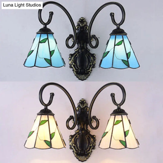 Country Style Stained Glass Leaf Wall Lamp With 2 Blue/Beige Lights For Dining Room