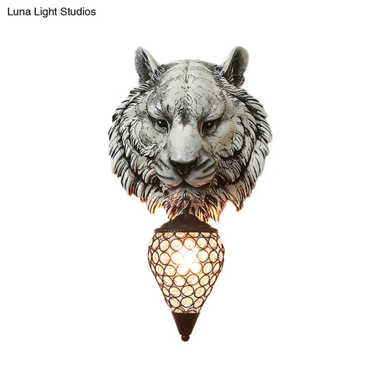 Country Style Tiger Sconce Wall Lamp For Childrens Room - Yellow/Gray Resin With Clear Crystal Shade