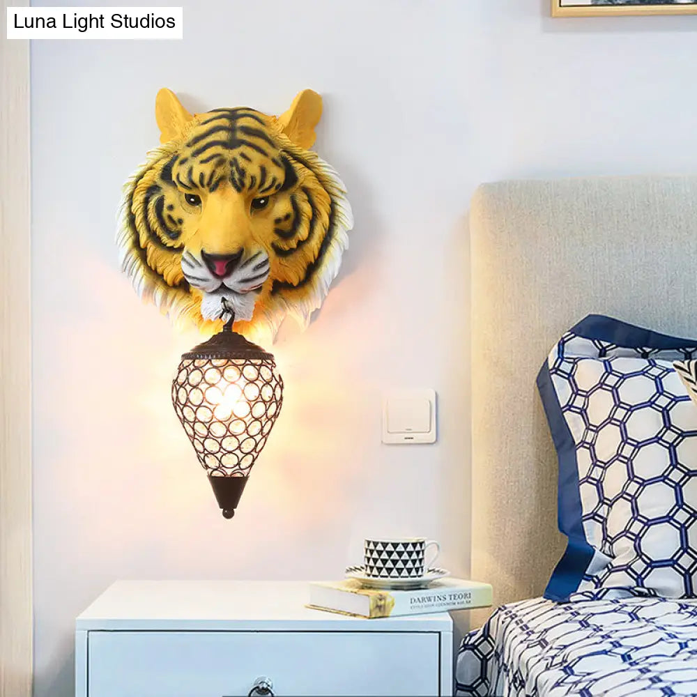 Country Style Tiger Sconce Wall Lamp For Childrens Room - Yellow/Gray Resin With Clear Crystal Shade