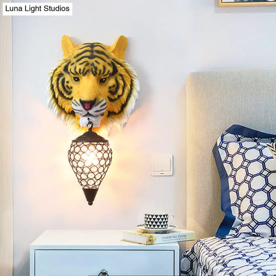 Country Style Tiger Sconce Wall Lamp For Childrens Room - Yellow/Gray Resin With Clear Crystal Shade