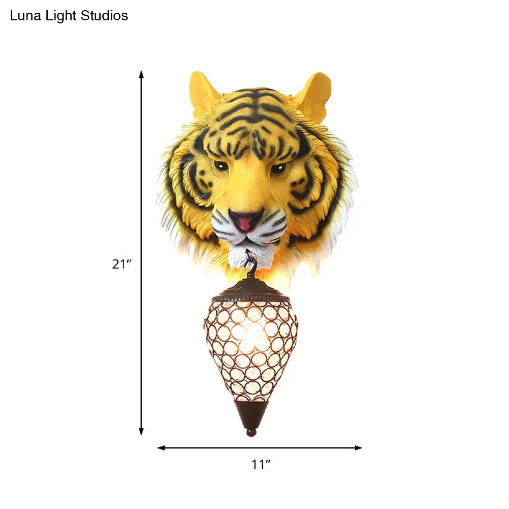 Country Style Tiger Sconce Wall Lamp For Childrens Room - Yellow/Gray Resin With Clear Crystal Shade