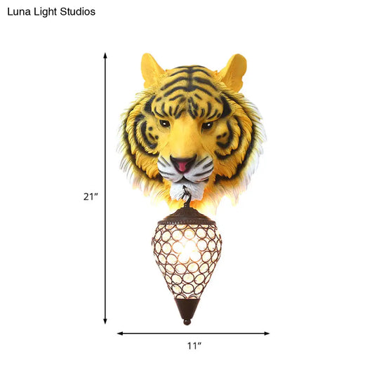 Country Style Tiger Sconce Wall Lamp For Childrens Room - Yellow/Gray Resin With Clear Crystal Shade