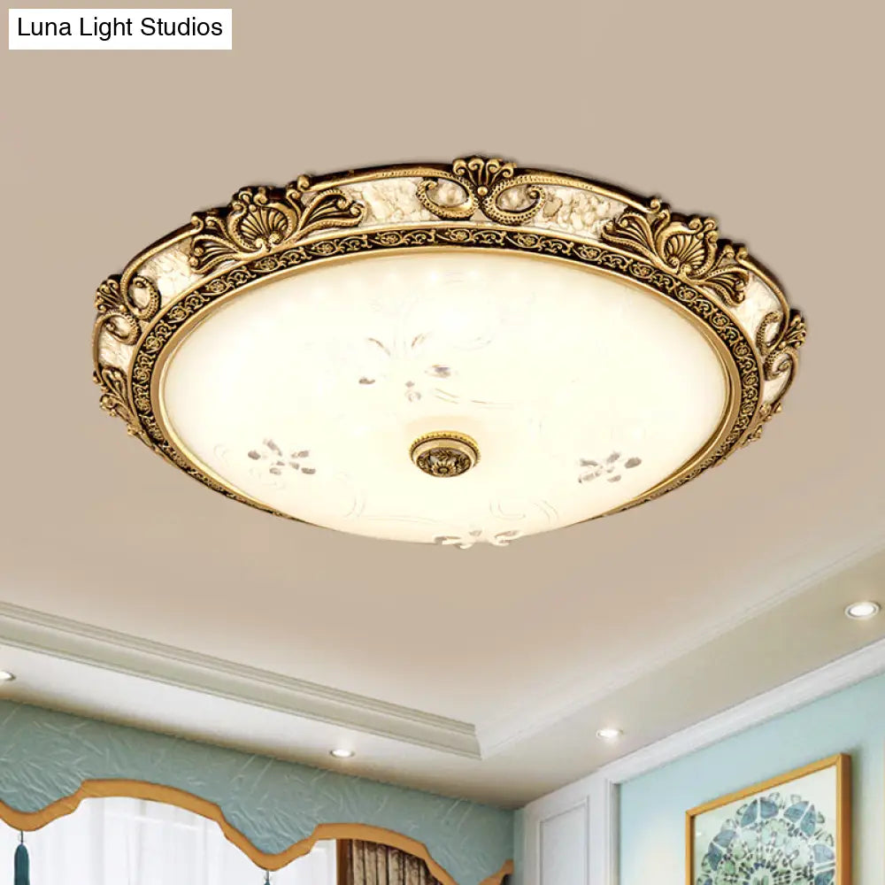 Country-Style Veined Glass Dome Flush Mount Lamp - Led Parlour Ceiling Fixture In Brass With