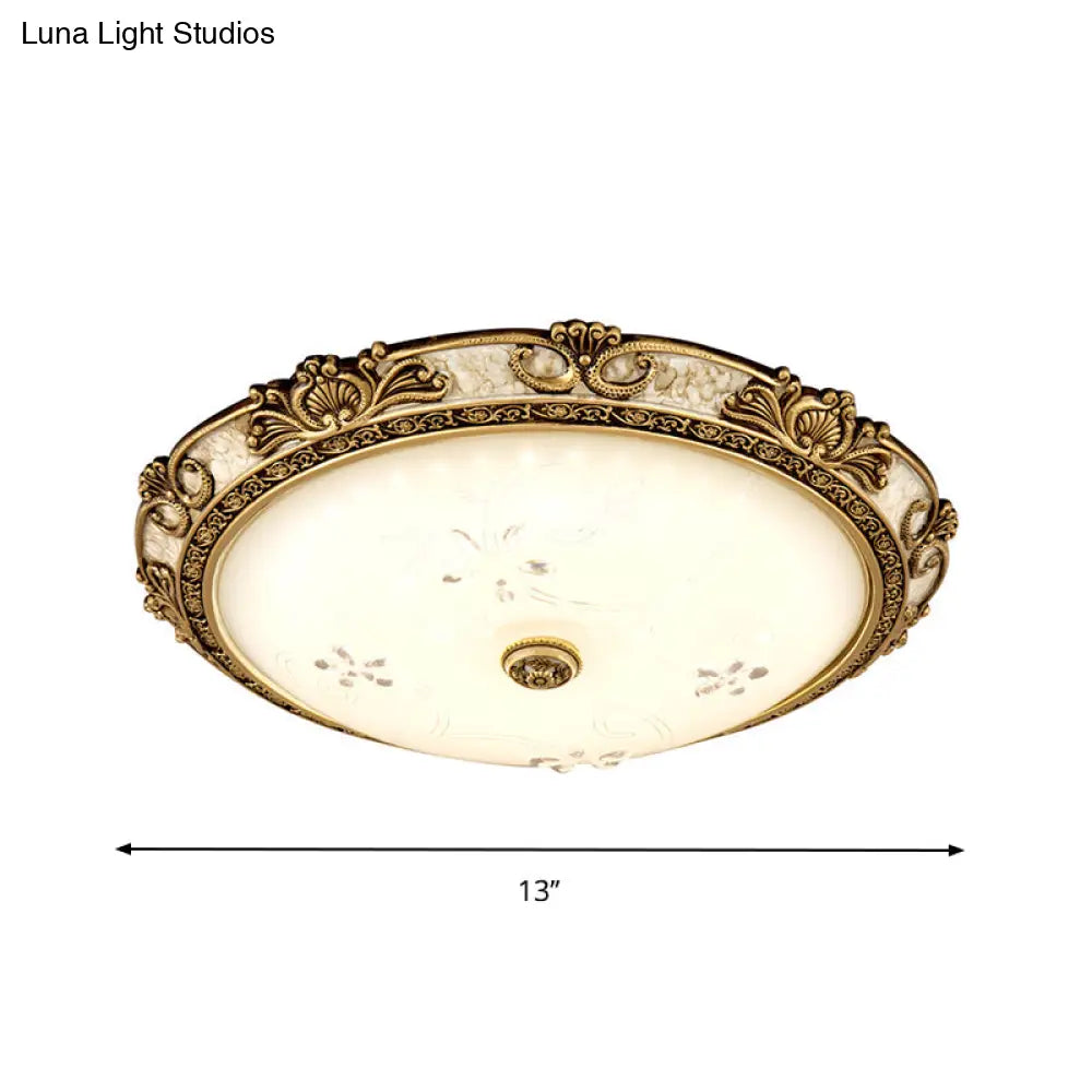 Country-Style Veined Glass Dome Flush Mount Lamp - Led Parlour Ceiling Fixture In Brass With