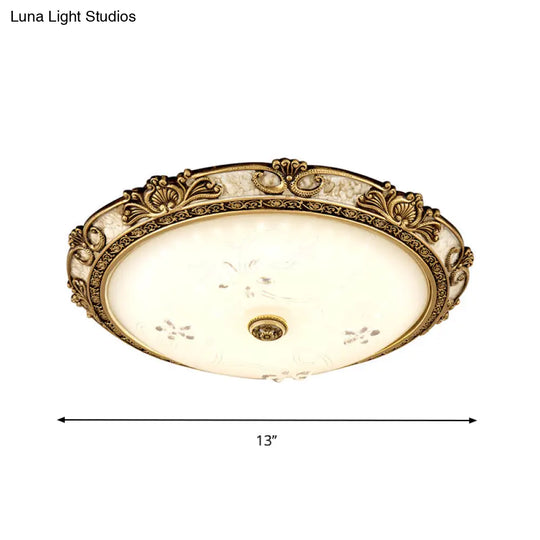 Country-Style Veined Glass Dome Flush Mount Lamp - Led Parlour Ceiling Fixture In Brass With