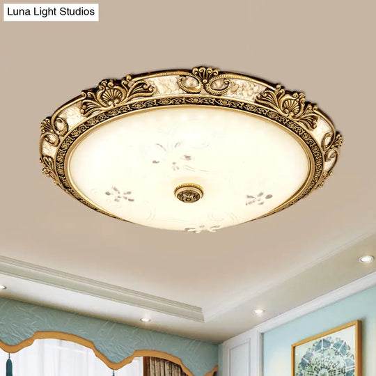 Country-Style Veined Glass Dome Flush Mount Lamp - Led Parlour Ceiling Fixture In Brass With