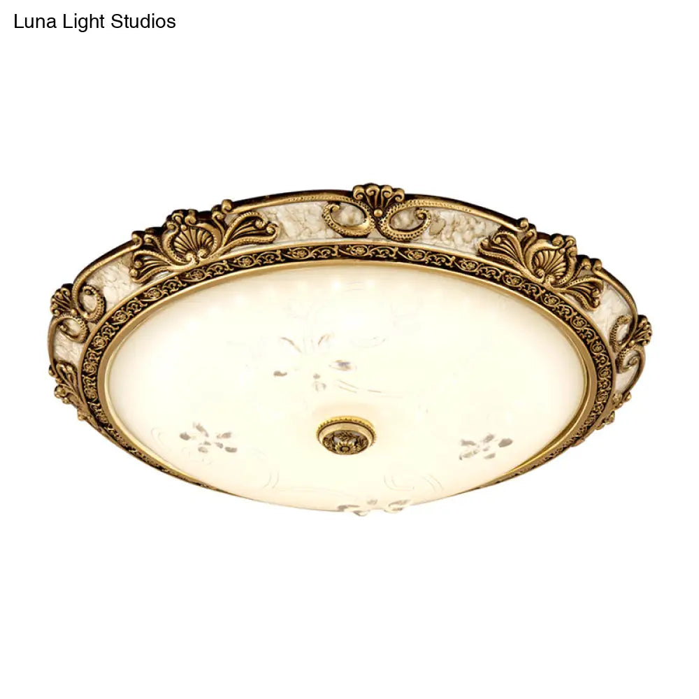 Country-Style Veined Glass Dome Flush Mount Lamp - Led Parlour Ceiling Fixture In Brass With