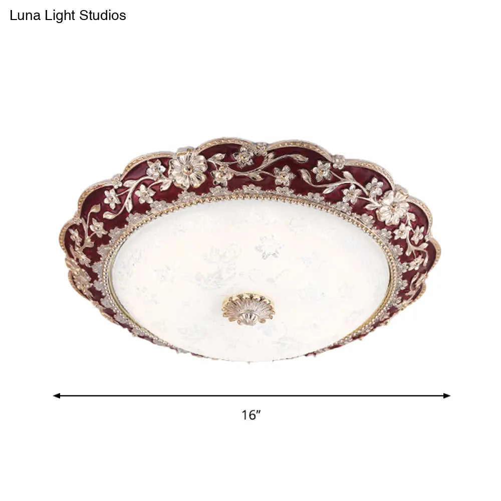 Country Style Veined Glass Flush Mount Ceiling Lamp In Dark Red Led - Sizes: 12/16/19.5