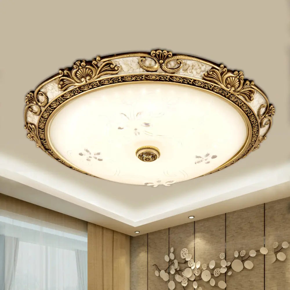 Country Style Veined Glass Flush Mount Lamp With Led Lighting In Brass - Available 3 Sizes And