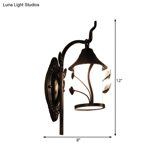 Country Style Wall Lamp With Milky Glass Shade And Metal Frame - 1 Light Black Sconce Fixture