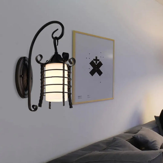 Country Style Wall Lamp With Milky Glass Shade And Metal Frame - 1 Light Black Sconce Fixture /