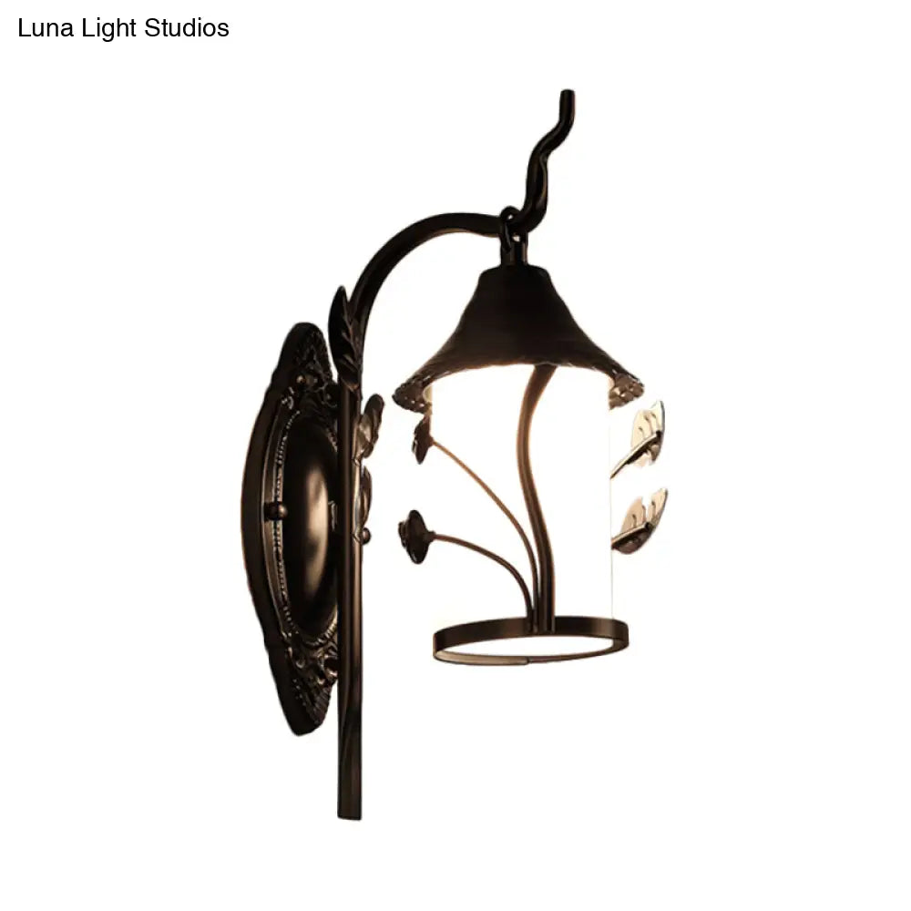 Country Style Wall Lamp With Milky Glass Shade And Metal Frame - 1 Light Black Sconce Fixture