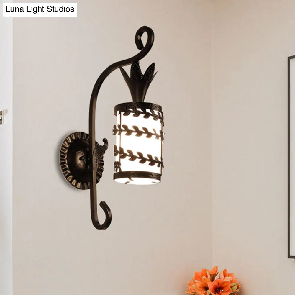 Country Style Wall Lamp With Milky Glass Shade And Metal Frame - 1 Light Black Sconce Fixture