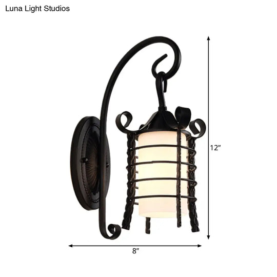 Country Style Wall Lamp With Milky Glass Shade And Metal Frame - 1 Light Black Sconce Fixture