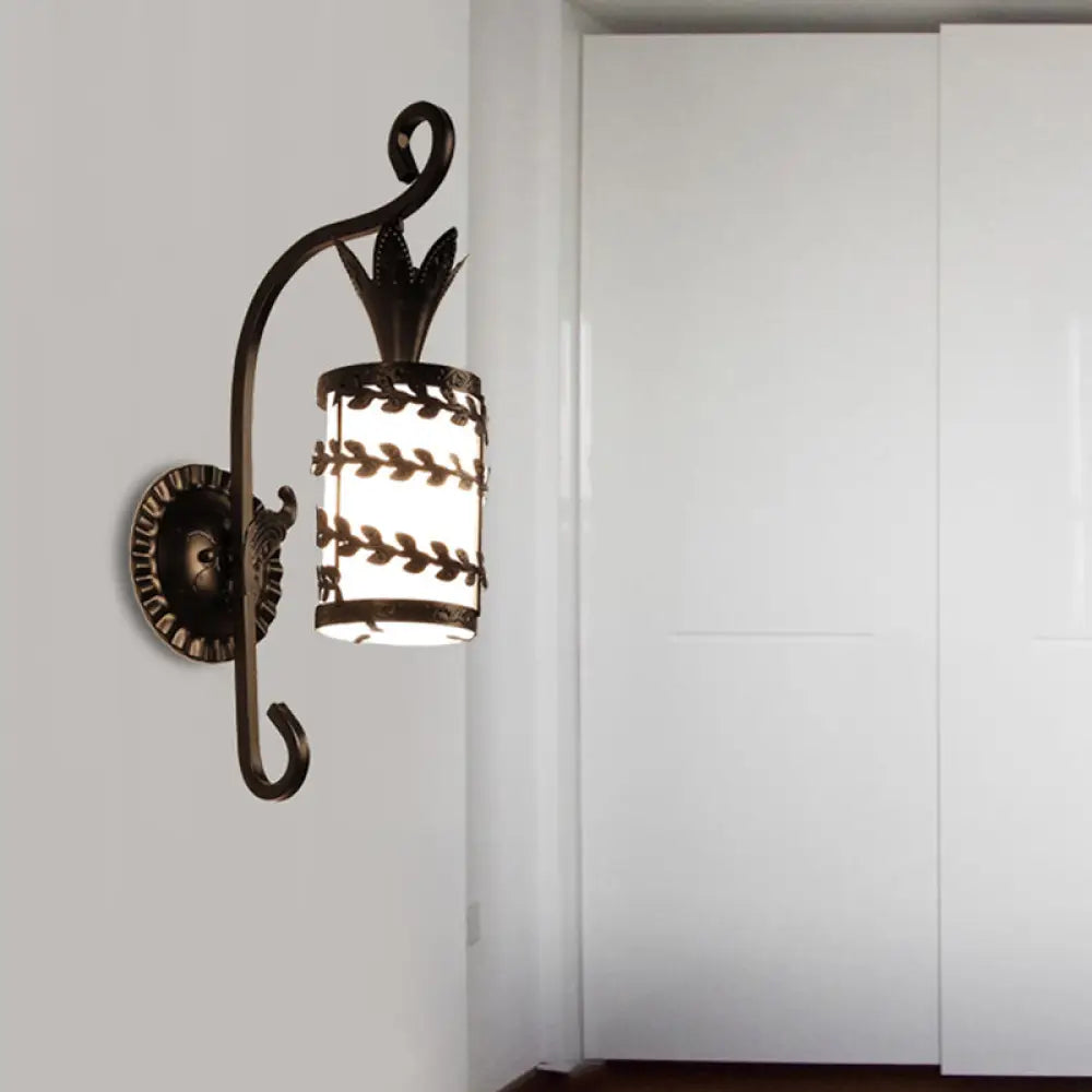 Country Style Wall Lamp With Milky Glass Shade And Metal Frame - 1 Light Black Sconce Fixture /