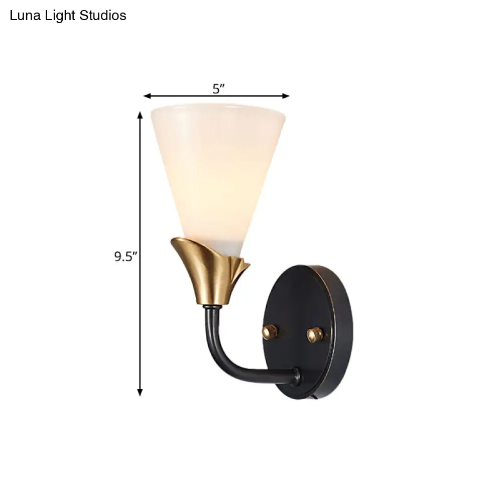 Country Style Wall Sconce Light - Brass Finish White Glass Cone Shade 1/2-Bulb Mount