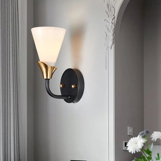 Country Style Wall Sconce Light - Brass Finish White Glass Cone Shade 1/2-Bulb Mount 1 /