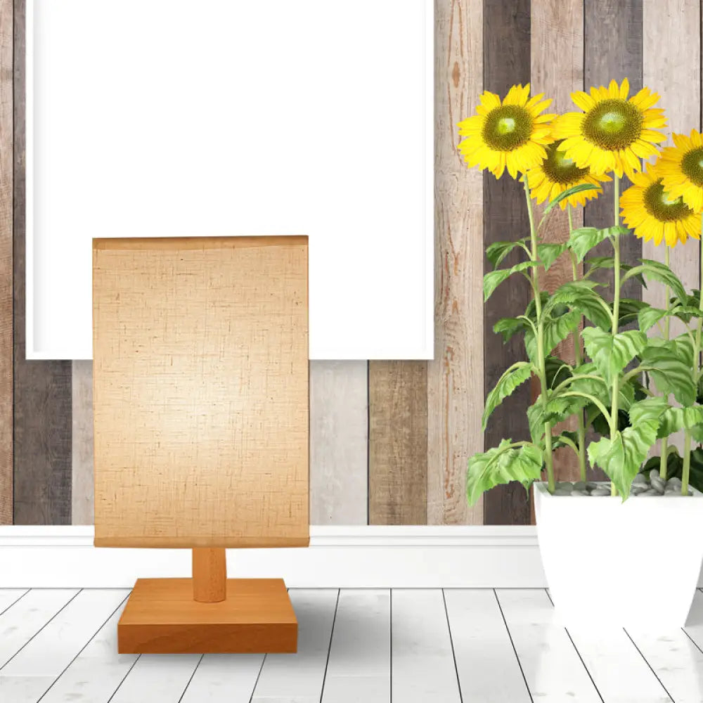 Country Style White Fabric Table Lamp With Wooden Base - Rectangular Shape Bedroom Lighting